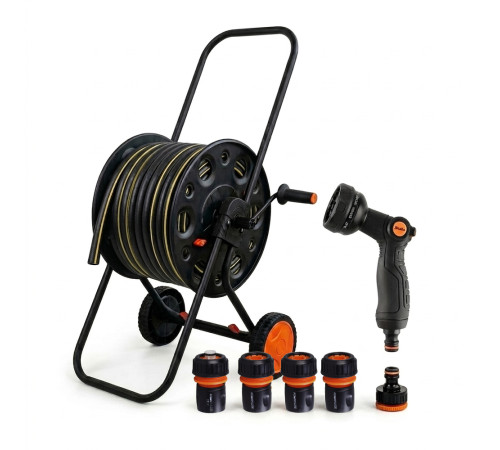 Металевий візок зі шлангом Aquapulse Black Crystal 3/4" 50м та аксесуарами, комплект для поливу